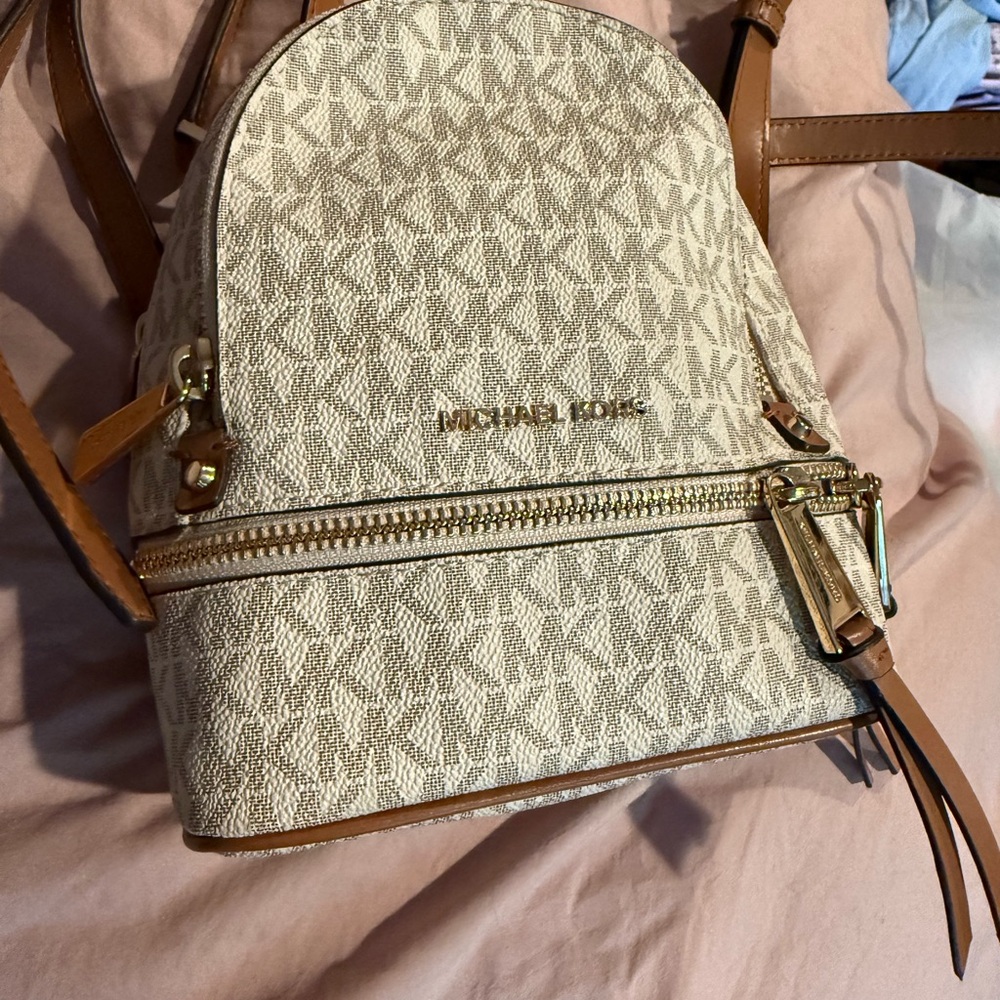 Michael Kors Beige and Brown Logo Backpack